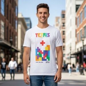 Hanes T-Shirt Mens Large Tetris American Red Cross 40th Anniv Donate Blood White